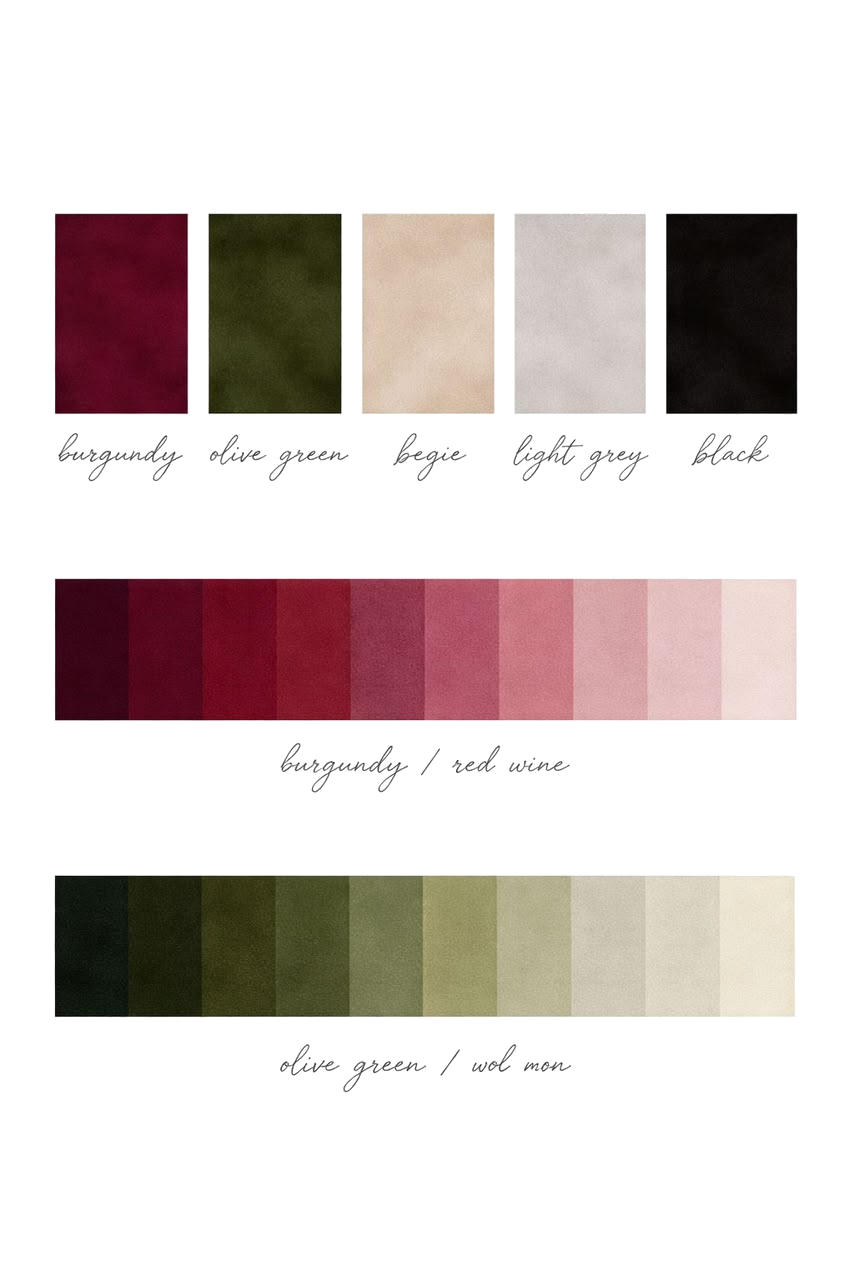 Dress colours: burgundy, olive green, beige, light grey, and black
